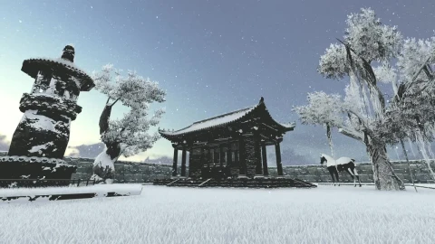 Stock Video Japanese Pavilion In A Snowy Garden With A Horse Animated Wallpaper - Free Live Wallpaper