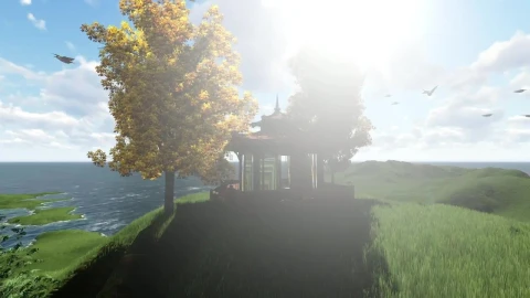 Stock Video Japanese House In A Meadow Near The Sea Animated Wallpaper - Free Live Wallpaper