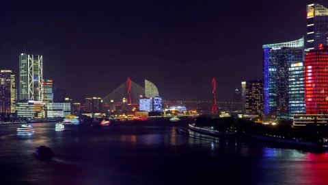 Stock Video Illuminated Ferries Traffic In Shanghai River Animated Wallpaper - Free Live Wallpaper