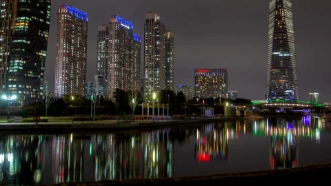 Stock Video Huge Skyscrapers Illuminated In Colors At Night Animated Wallpaper - Free Live Wallpaper