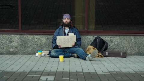Stock Video Homeless With Cardboard Sign Sitting On The Street Animated Wallpaper - Free Live Wallpaper