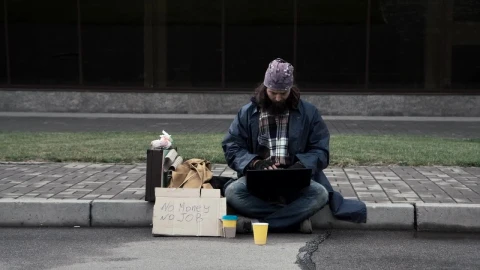 Stock Video Homeless Man With A Laptop Sitting On The Sidewalk Animated Wallpaper - Free Live Wallpaper