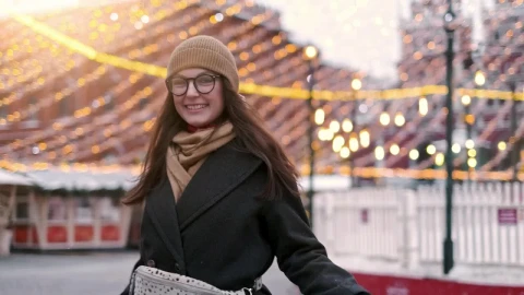 Stock Video Happy Woman Stands On The City Downtown At Christmas Animated Wallpaper - Free Live Wallpaper