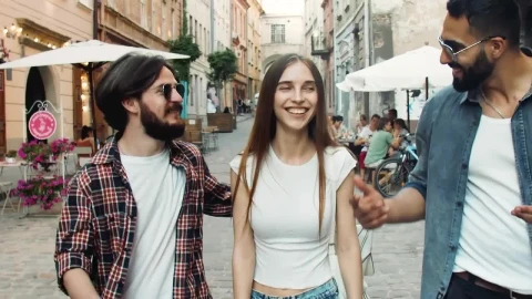 Stock Video Happy Friends Laugh And Walk Down Street Animated Wallpaper - Free Live Wallpaper
