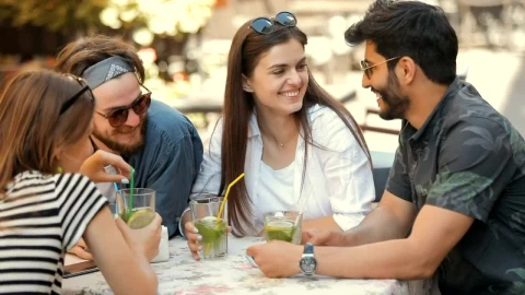 Stock Video Happy Friends Chat While Having Drinks Outdoors Animated Wallpaper - Free Live Wallpaper