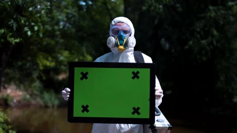 Stock Video Man In Biohazard Suit Holding A Greenscreen Sign Animated Wallpaper - Free Live Wallpaper