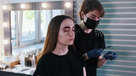 Stock Video Makeup Artist With Medical Mask Working On A Womans Eyebrows Animated Wallpaper - Free Live Wallpaper