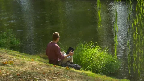 Stock Video Man With A Laptop On The Bank Of A Rive Animated Wallpaper - Free Live Wallpaper