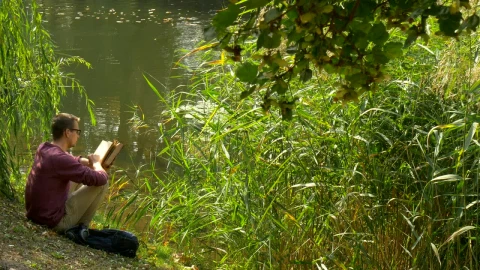 Stock Video Man Reading A Book In The River Shor Animated Wallpaper - Free Live Wallpaper