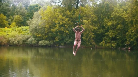 Stock Video Man Jumps Into A Lake By Swinging With A Rop Animated Wallpaper - Free Live Wallpaper