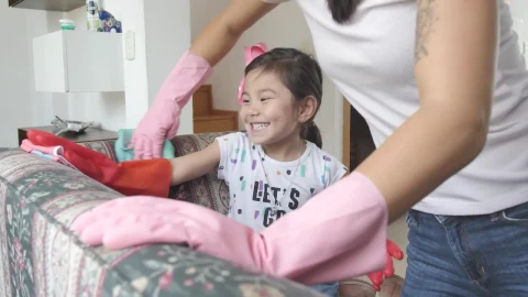 Stock Video Mother With Her Little Daughter Cleaning An Armchair Live Wallpaper - Free Live Wallpaper