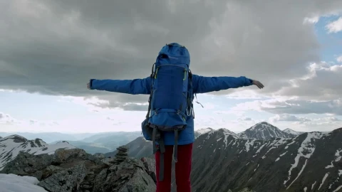 Stock Video Mountaineer Raising Hands On Top Of A Mountain Live Wallpaper - Free Live Wallpaper