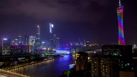 Stock Video Multicolored Canton Tower In The Night Skyline Live Wallpaper - Free Live Wallpaper
