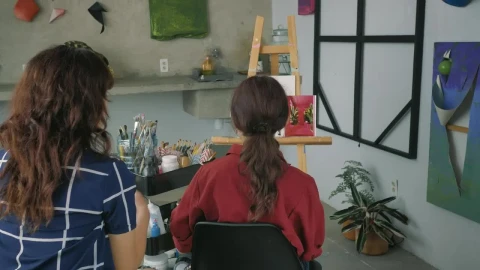 Stock Video Pair Of Artist Girls Working Together On A Painting Live Wallpaper - Free Live Wallpaper