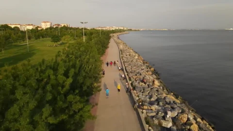 Stock Video People Walking In A Park Next To The Seashore Live Wallpaper - Free Live Wallpaper