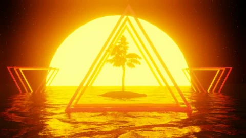 Free Stock Video Redered Vhs Style Triangles Over Palm Island With Sunset Live Wallpaper - Free Live Wallpaper