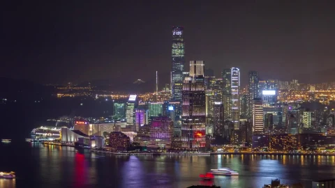 Free Video Stock Skyscrapers In Hong Kong Bay At Night Live Wallpaper - Free Live Wallpaper
