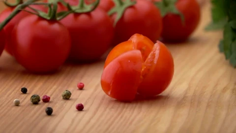 Free Video Stock Sliced Tomato Falls On A Wooden Board Live Wallpaper - Free Live Wallpaper