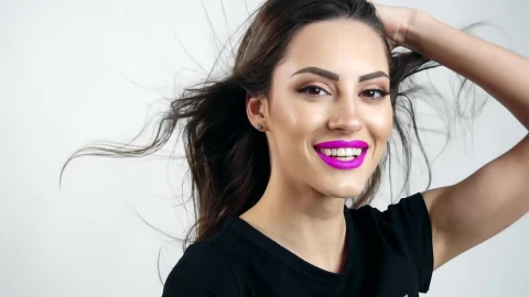 Free Video Stock Smiling Model In Purple Lipstick On White Background Live Wallpaper - Free Live Wallpaper