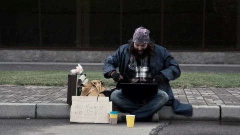 Free Video Stock super excited homeless man with a laptop Live Wallpaper - Free Live Wallpaper