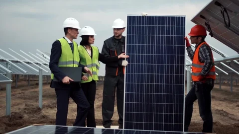 Free Video Stock team of engineers working with solar panels Live Wallpaper - Free Live Wallpaper