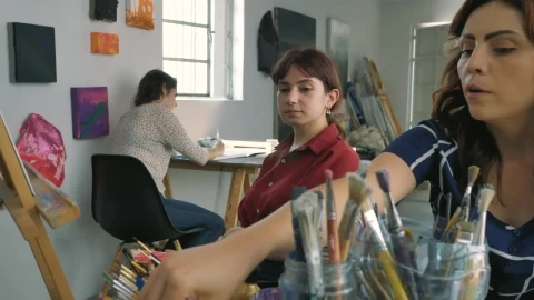 Free Video Stock three artist girls working in a painting workshop Live Wallpaper - Free Live Wallpaper