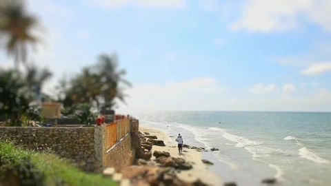 Free Video Stock tilt shift of people walking on windy beach Live Wallpaper - Free Live Wallpaper
