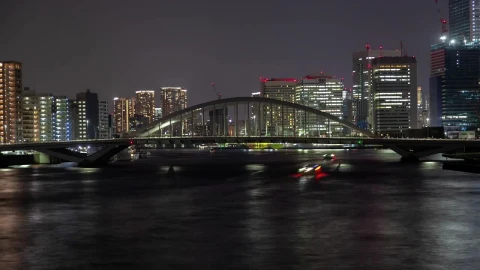 Free Video Stock tokyo bridge and water transport at night Live Wallpaper - Free Live Wallpaper