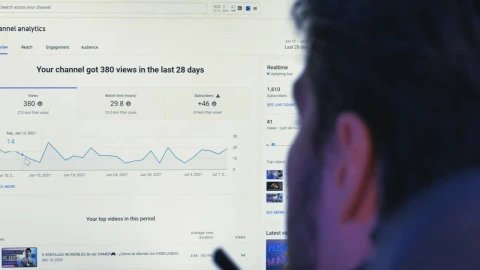 Free Stock Video Youtuber Analyzing The Graphics Of One Of His Videos Live Wallpaper - Free Live Wallpaper