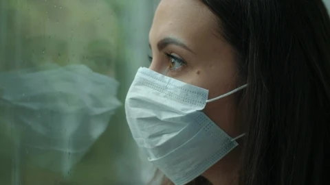 Free Stock Video Woman With Mask Looking At Rain Through Window Live Wallpaper - Free Live Wallpaper