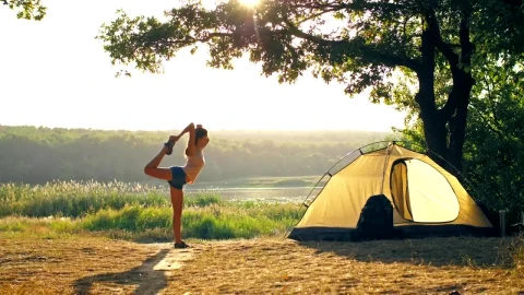 Free Stock Video Woman Stretching Her Body While Camping In Nature Live Wallpaper - Free Live Wallpaper