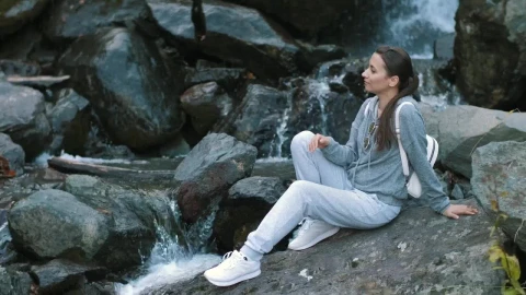 Free Stock Video Woman Relaxing By A Waterfall In A Forest Live Wallpaper - Free Live Wallpaper