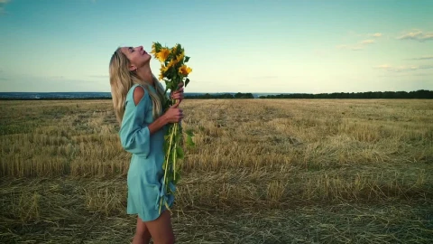 Stock Footage Woman And Sunflowers In The Dry Field Fashion Concept Live Wallpaper - Free Live Wallpaper