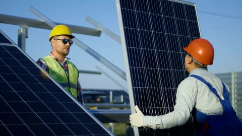 Stock Footage Workers Installing A Solar Panel Outdoors Live Wallpaper Free - Free Live Wallpaper