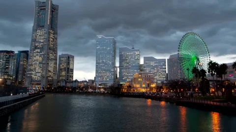 Stock Footage Yokohama Skyscrapers And Fair Wheel Illuminated Live Wallpaper Free - Free Live Wallpaper