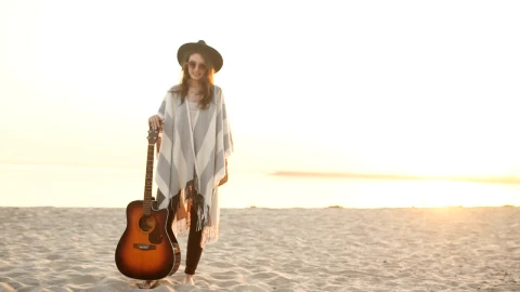 Stock Footage Young Hipster Woman On Beach With Acoustic Guitar Live Wallpaper Free - Free Live Wallpaper