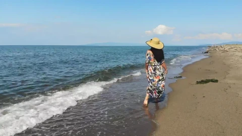 Stock Footage Woman Walking Along The Sandy Beach Live Wallpaper Free - Free Live Wallpaper