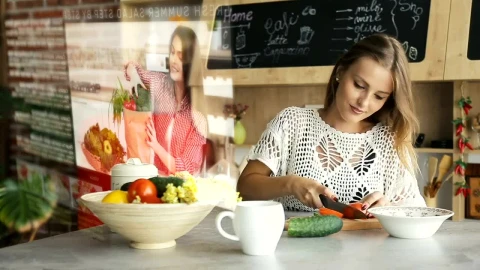 Stock Footage Woman Watches Futuristic Tutorial While Chopping Vegetables Live Wallpaper Free - Free Live Wallpaper