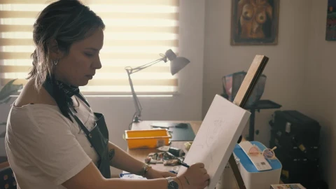 Stock Footage Woman Drawing On A Painting In Her Home Studio Live Wallpaper Free - Free Live Wallpaper