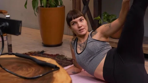 Stock Footage Woman Giving An Online Fitness Class Live Wallpaper Free - Free Live Wallpaper
