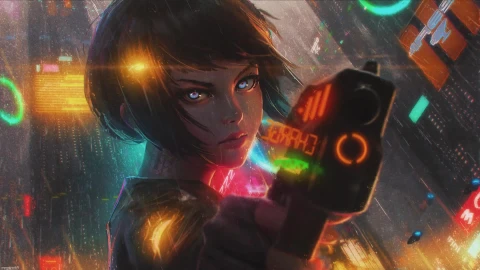 cyberpunk girl with gun and motorcycle - Free Live Wallpaper