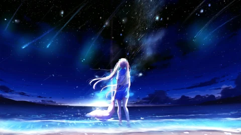 Desktop Anime School Girl Starry Night Beach Live Wallpaper - Free Live Wallpaper
