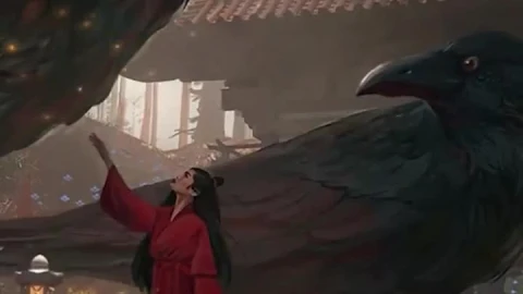 iPhone  Android Giant Crow In The Temple Asian Girl Phone Live Wallpaper - Free Live Wallpaper
