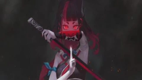 Samurai Girl And Oni Mask On Hand Anime Live Wallpaper - Free Live Wallpaper
