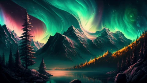Aurora over Mountain and Lake Landscape Animated - Free Live Wallpaper