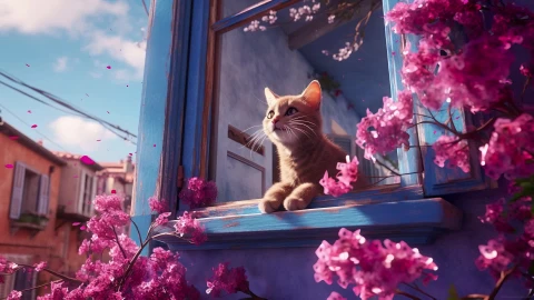 Kitty and Flower Petals Live Wallpaper - Free Live Wallpaper