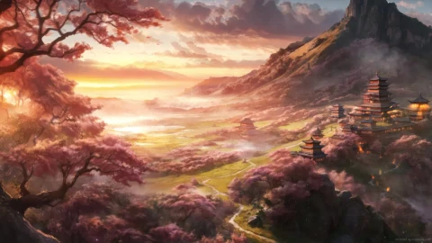 Fantasy Traditional Temples Sakura Live Wallpaper - Free Live Wallpaper