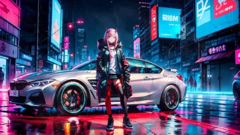 Zero Two Cyberpunk BMW - 4K Night City Wallpaper - Free Live Wallpaper